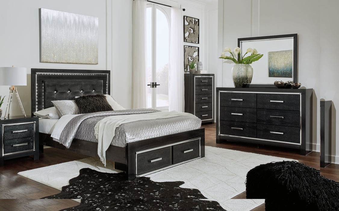 Kaydell - Black - 6 Pc. - Dresser, Mirror, Chest, Queen Upholstered Panel Bed With 2 Storage Drawers