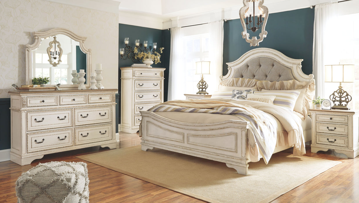 Realyn - Two-tone - 5 Pc. - Dresser, Mirror, King Upholstered Panel Bed