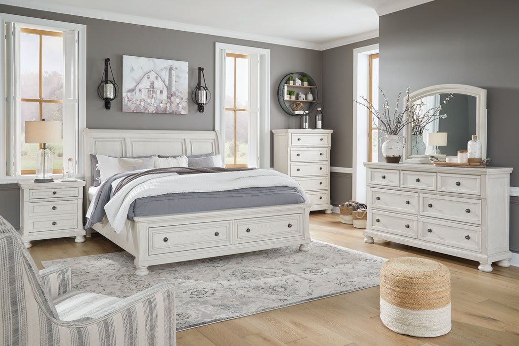 Robbinsdale - Antique White - 6 Pc. - Dresser, Mirror, Chest, California King Sleigh Bed With 2 Storage Drawers