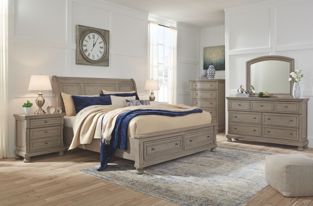 Lettner - Light Gray - 5 Pc. - Dresser, Mirror, Queen Sleigh Bed With 2 Storage Drawers