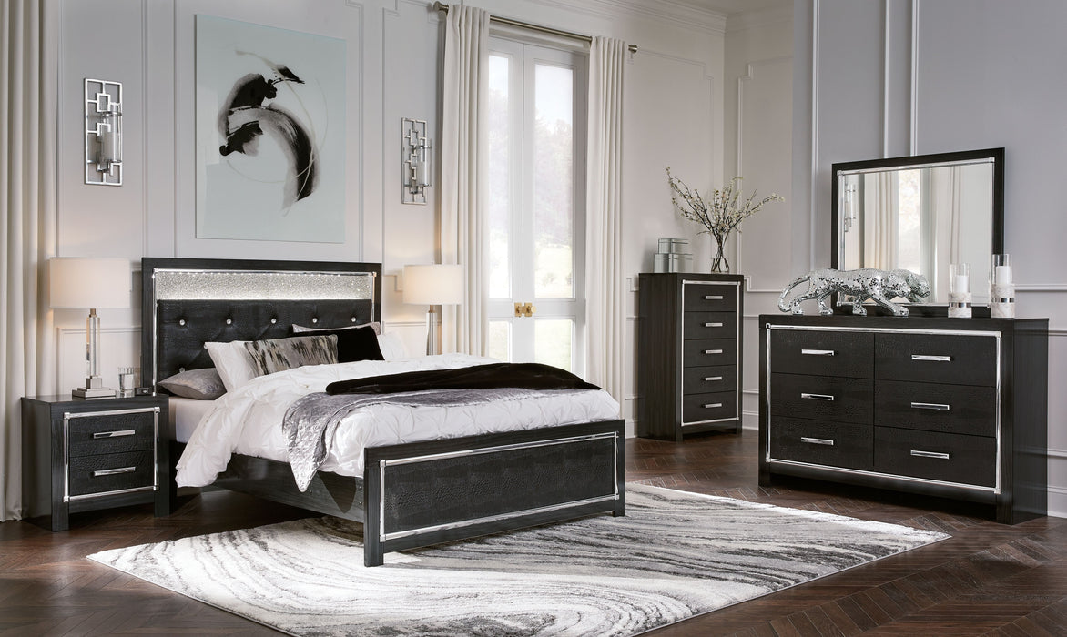 Kaydell - Black - 7 Pc. - Dresser, Mirror, Queen Upholstered Glitter Panel Bed, 2 Nightstands