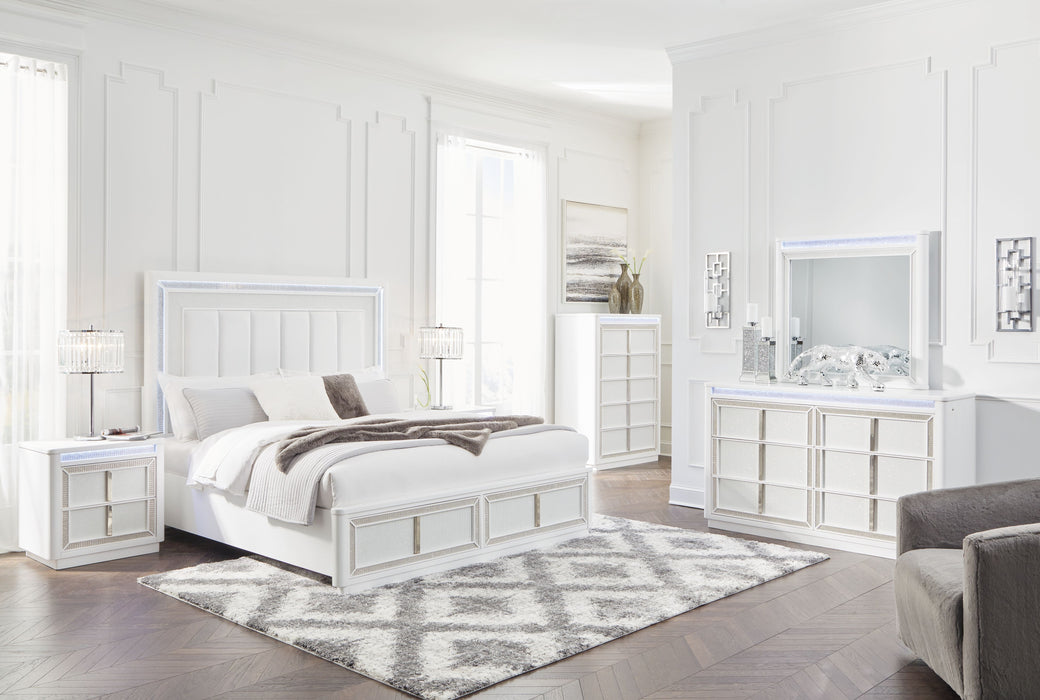 Chalanna - White - 6 Pc. - Dresser, Mirror, Chest, Queen Upholstered Storage Bed