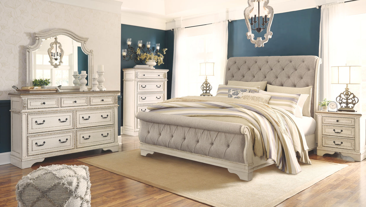 Realyn - Two-tone - 7 Pc. - Dresser, Mirror, Queen Upholstered Sleigh Bed, 2 Nightstands