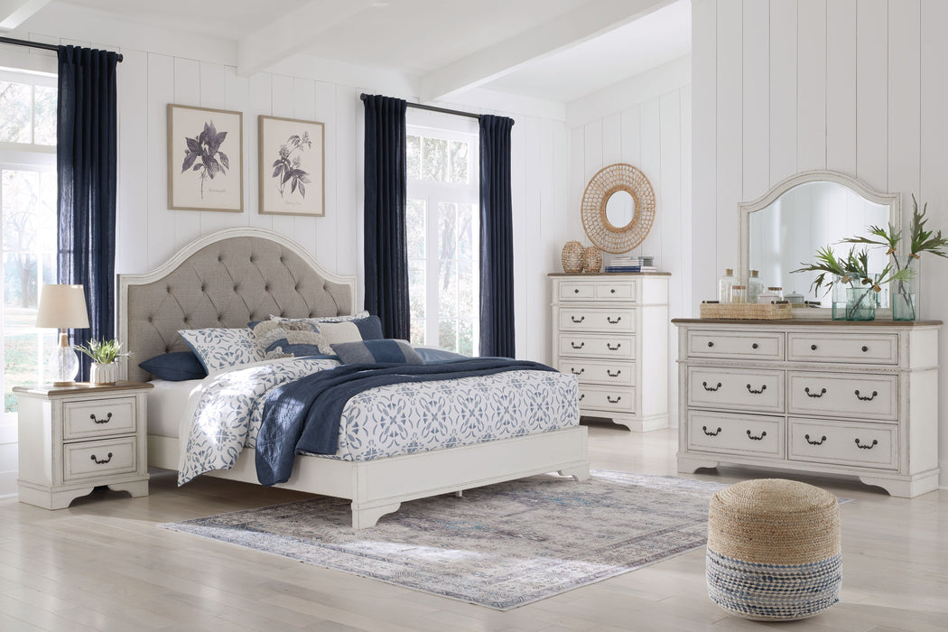 Brollyn - White / Brown / Beige - 4 Pc. - Dresser, Mirror, California King Upholstered Panel Bed