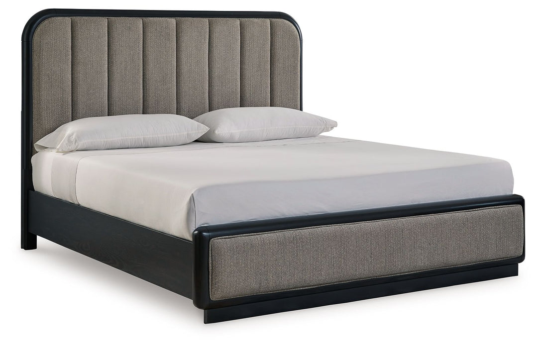 Rowanbeck - Gray / Black - California King Upholstered Panel Bed