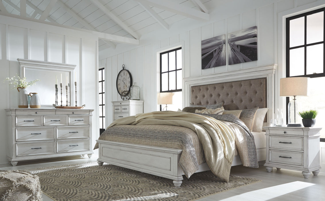 Kanwyn - Whitewash - 8 Pc. - Dresser, Mirror, Chest, Queen Upholstered Panel Bed, 2 Nightstands