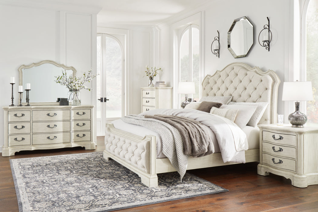 Arlendyne - Antique White - 8 Pc. - Dresser, Mirror, Chest, California King Upholstered Bed, 2 Nightstands