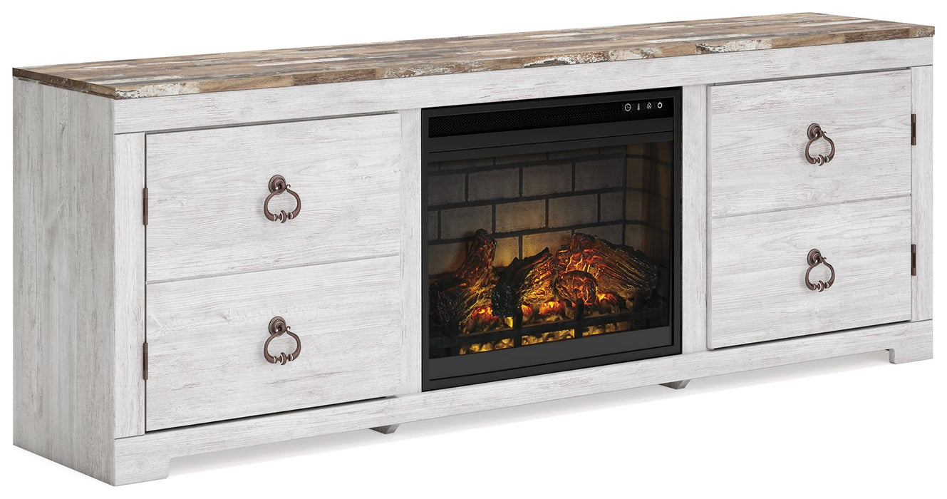 Willowton - Whitewash - 72" TV Stand With Faux Firebrick Fireplace Insert