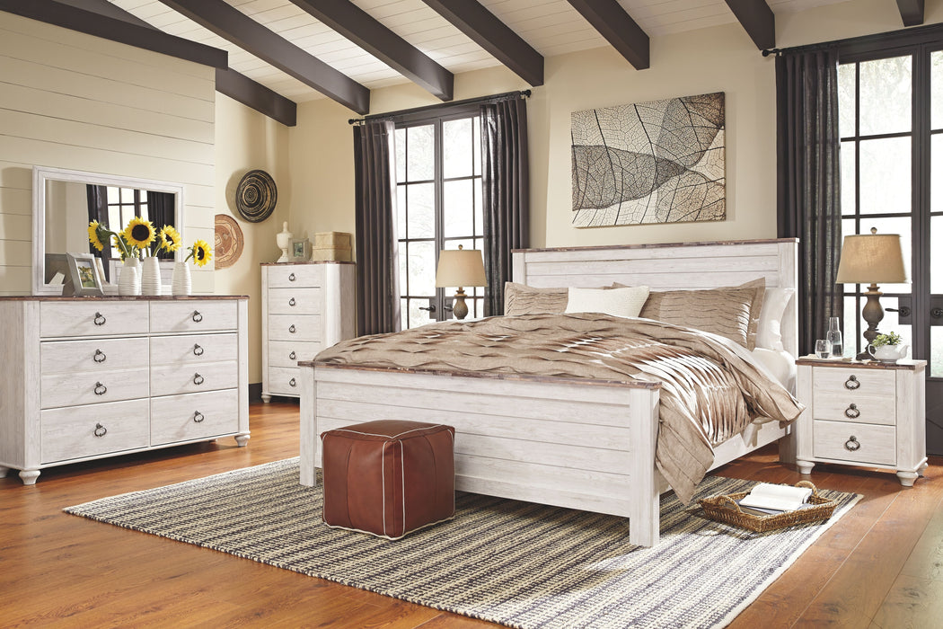 Willowton - Whitewash - 7 Pc. - Dresser, Mirror, California King Panel Bed, 2 Nightstands