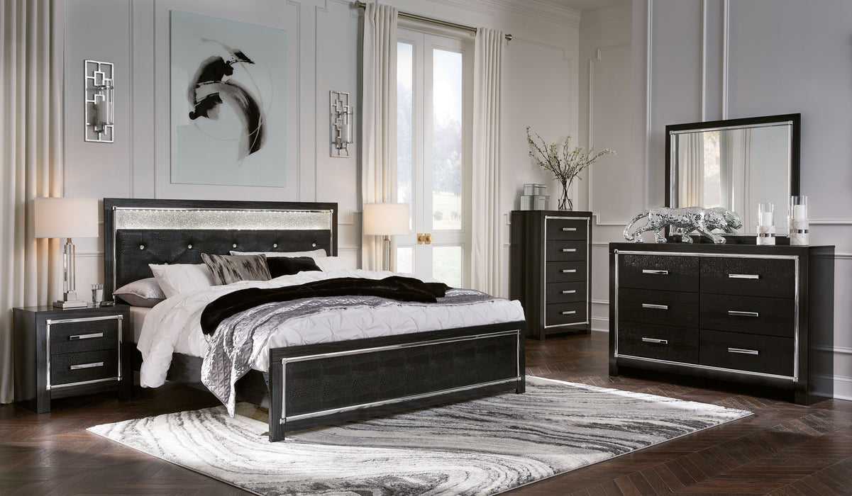 Kaydell - Black - 8 Pc. - Dresser, Mirror, Chest, King Upholstered Glitter Panel Bed, 2 Nightstands