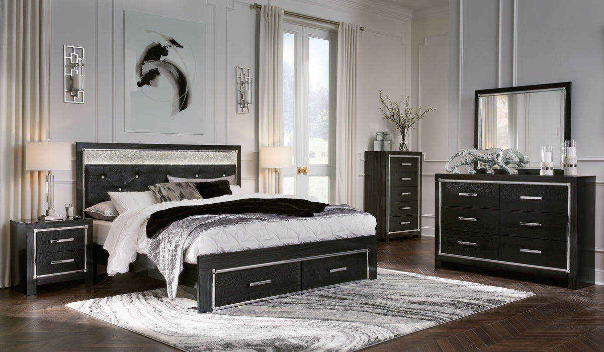 Kaydell - Black - 7 Pc. - Dresser, Mirror, Queen Upholstered Glitter Panel Storage Bed, 2 Nightstands