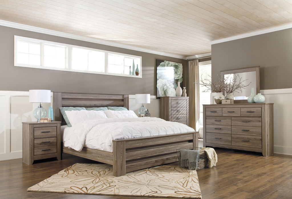 Zelen - Warm Gray - 6 Pc. - Dresser, Mirror, Chest, King Panel Bed