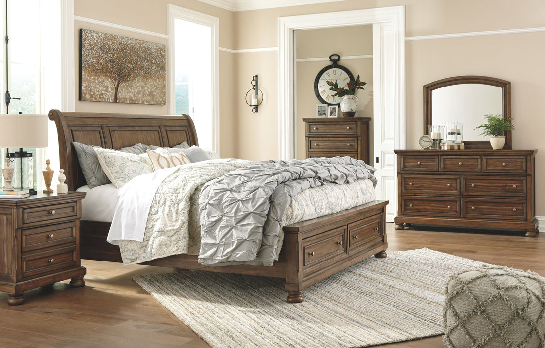 Flynnter - Medium Brown - 7 Pc. - Dresser, Mirror, Chest, Queen Sleigh Bed With 2 Storage Drawers, Nightstand