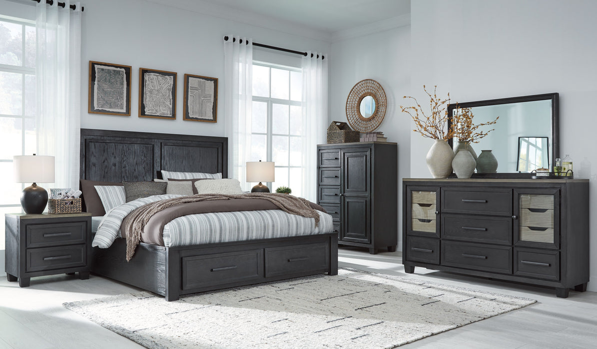 Foyland - Black / Brown - 8 Pc. - Dresser, Mirror, Door Chest, King Panel Storage Bed, 2 Nightstands