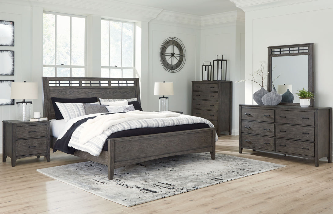 Montillan - Grayish Brown - 8 Pc. - Dresser, Mirror, Chest, California King Panel Bed, 2 Nightstands