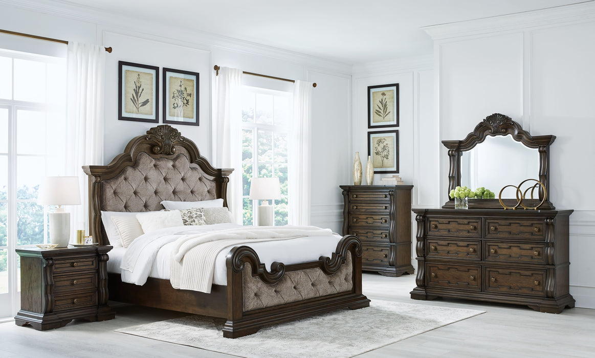 Maylee - Dark Brown - 8 Pc. - Dresser, Mirror, Chest, California King Upholstered Bed, 2 Nightstands