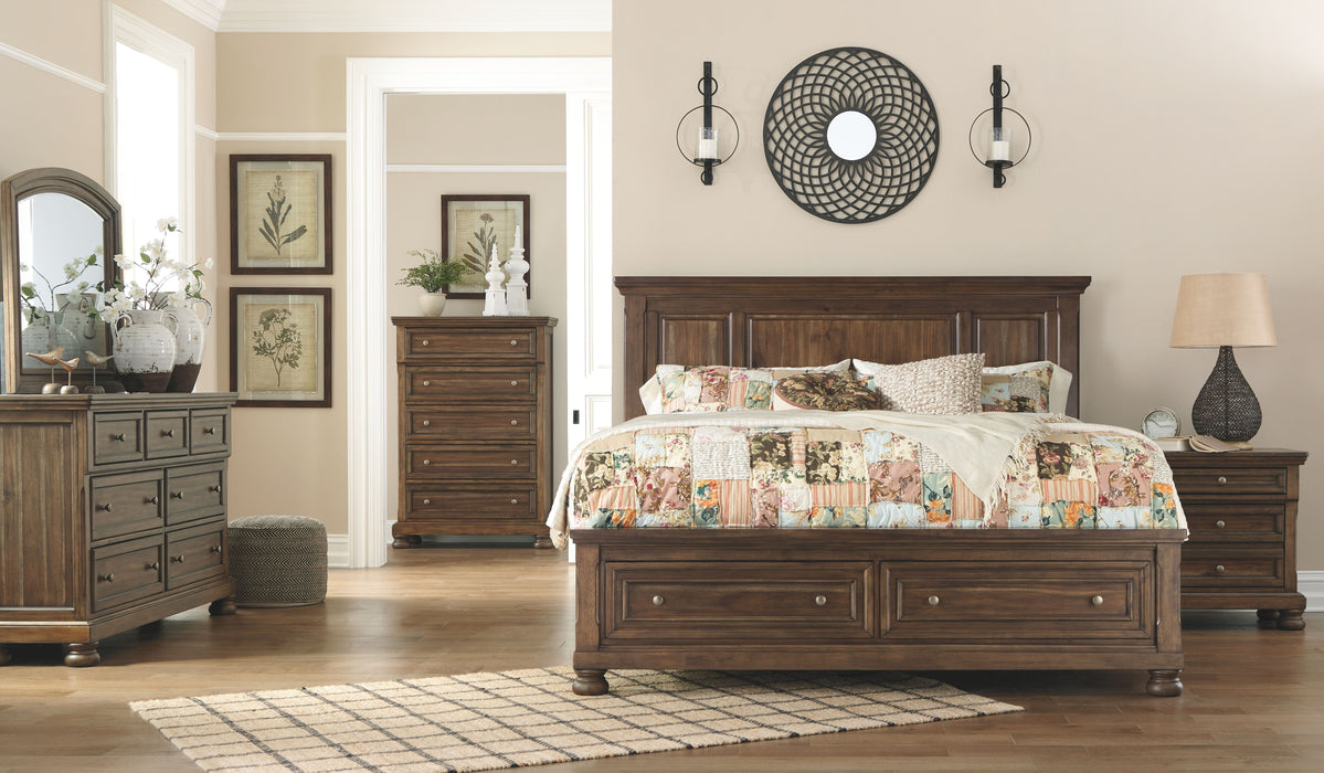 Flynnter - Medium Brown - 5 Pc. - Dresser, Mirror, California King Panel Bed With 2 Storage Drawers