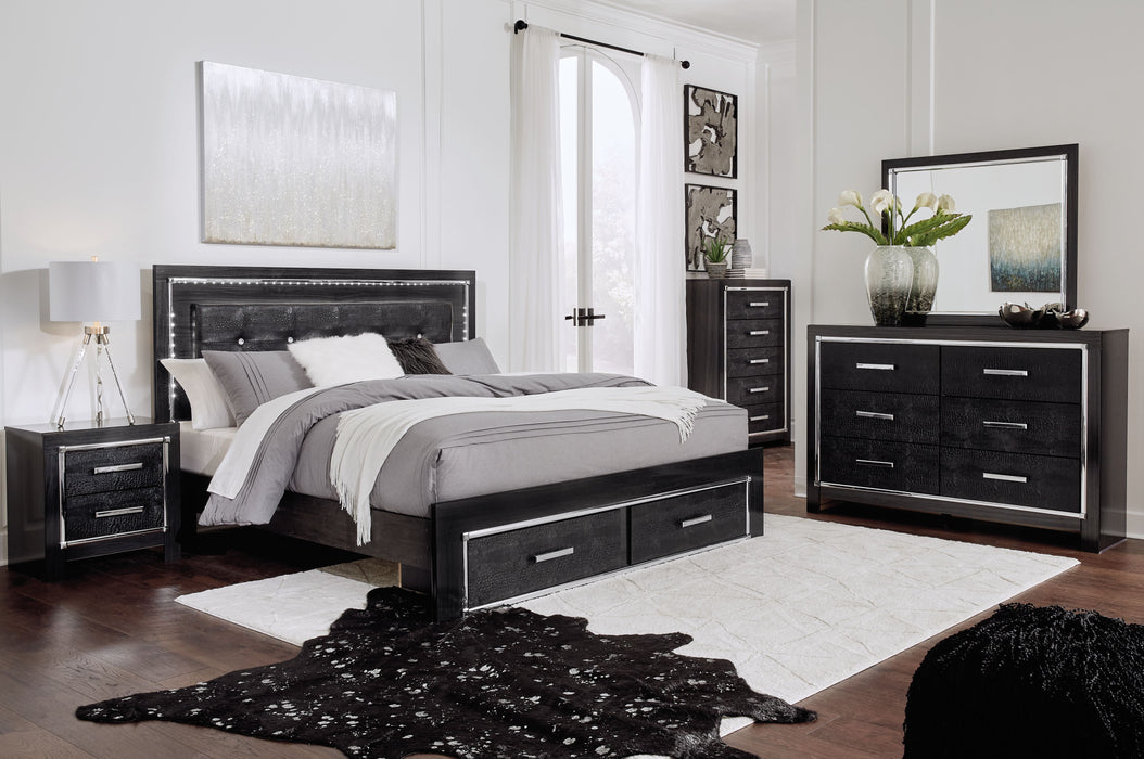 Kaydell - Black - 7 Pc. - Dresser, Mirror, Chest, King Upholstered Panel Bed With 2 Storage Drawers, Roll Slats