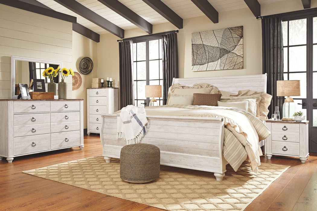 Willowton - Whitewash - 8 Pc. - Dresser, Mirror, Chest, King Sleigh Bed, 2 Nightstands