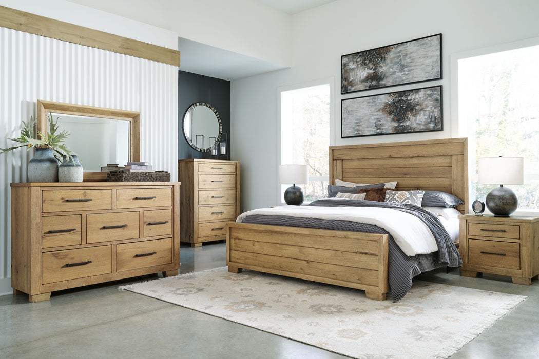 Galliden - Light Brown - 5 Pc. - Dresser, Mirror, Chest, California King Panel Bed