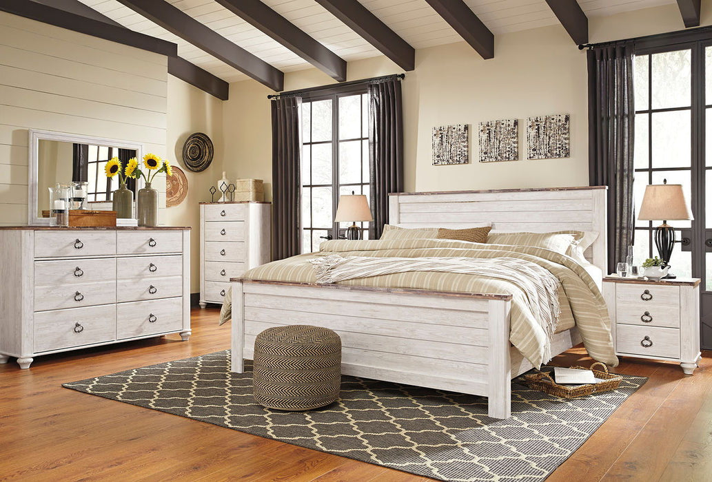 Willowton - Whitewash - 8 Pc. - Dresser, Mirror, Chest, King Panel Bed, 2 Nightstands