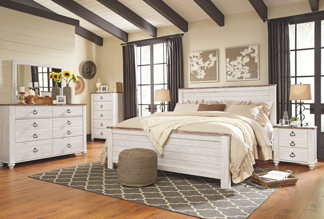 Willowton - Whitewash - 8 Pc. - Dresser, Mirror, Chest, California King Panel Bed, 2 Nightstands