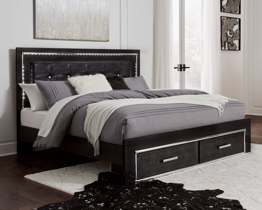 Kaydell - Black - King Upholstered Panel Bed With 2 Storage Drawers, Roll Slats