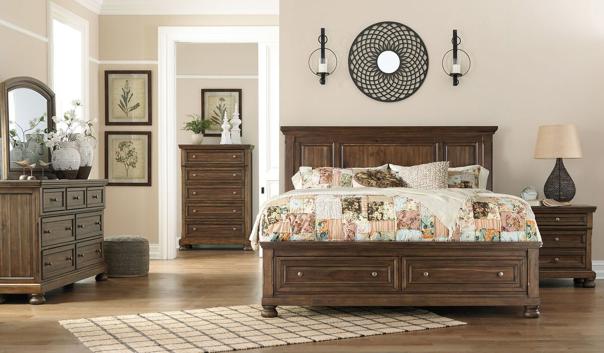 Flynnter - Medium Brown - 6 Pc. - Dresser, Mirror, King Panel Bed With 2 Storage Drawers, Nightstand