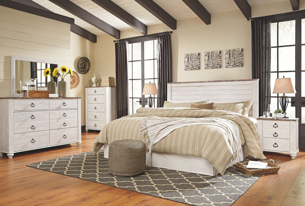 Willowton - Whitewash - 6 Pc. - Dresser, Mirror, Chest, King Panel Headboard, 2 Nightstands